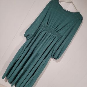 Teal Green Swiss Dot Flowy dress, Boat Neck, Shirred Waist, Long Sleeves.